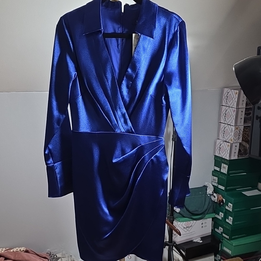 Aidan by Aidan Mattox Royal Blue Satin Long Sleeve Wrap Dress